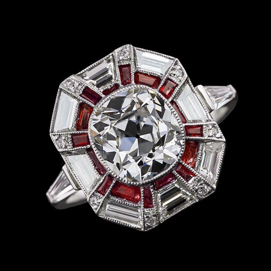 Anello Halo Rubino Baguette e Diamanti Tondi Taglio Antico 6.50 Carati - harrychadent.it