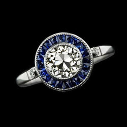 Anello Halo Set di castoni 3 carati con diamanti rotondi taglio antico e zaffiro baguette
