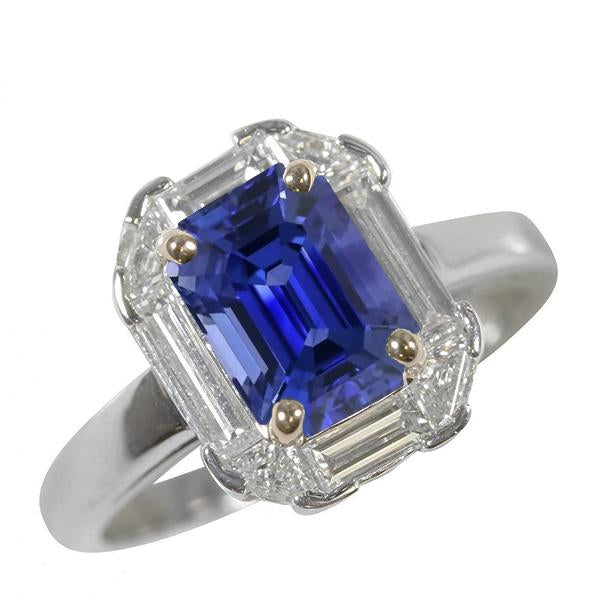 Anello Halo Smeraldo Blu Zaffiro Trilioni e Diamanti Baguette 3 Carati - harrychadent.it