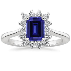 Anello Halo Stile Fiore Smeraldo Zaffiro Ceylon & Diamante 4.50 Carati