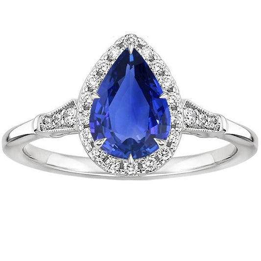 Anello Halo Stile Vintage Pera Zaffiro Sri Lanka & Diamanti 3.50 Carati - harrychadent.it