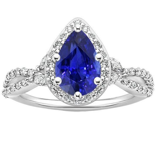 Anello Halo Twist Style Pera Zaffiro Ceylon & Diamanti 3.50 Carati - harrychadent.it