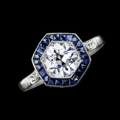 Anello in oro con zaffiro blu aureola e anello rotondo con diamanti taglio miniera 3.25 carati - harrychadent.it