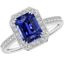 Anello Halo Zaffiro blu smeraldo 5 carati e pietre preziose con diamanti incastonati