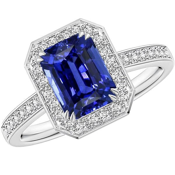 Gemma Halo Radiant Blue Sapphire Ring Prong Set Diamanti 5 Carati - harrychadent.it