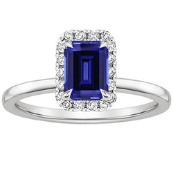 Anello Halo Zaffiro dello Sri Lanka e Diamante 4 Carati Taglio Smeraldo