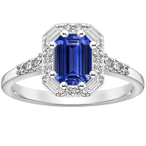 Anello Halo Zaffiro dello Sri Lanka e Diamante 4 Carati Taglio Smeraldo - harrychadent.it