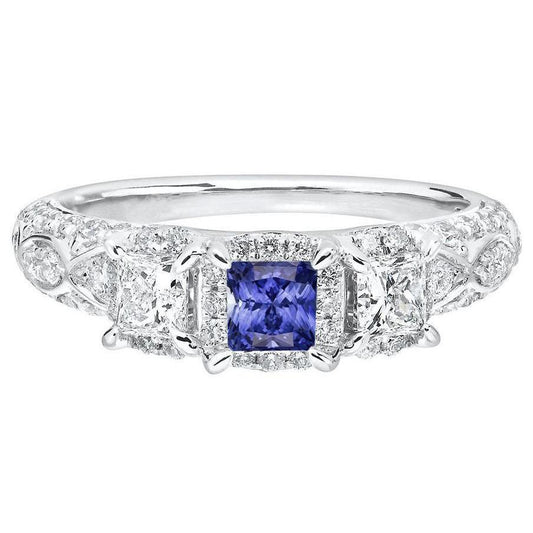 Halo Princess Sapphire Ring Prong Set Milgrain Shank Diamonds 3 Carati - harrychadent.it