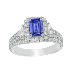 Anello Halo con 3,50 carati di zaffiro blu, 3 smeraldi in stile pietra e diamanti in oro bianco 14 carati
