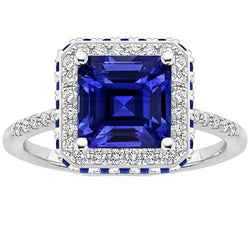 Anello Halo con 4,50 carati di zaffiro blu principessa e pietra preziosa di diamanti in oro 14 carati