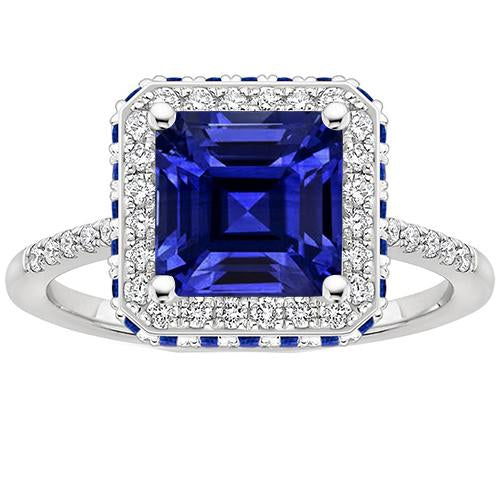 Anello con gemme di diamanti Halo Princess Blue Sapphire Gold 14K 4.50 Carats - harrychadent.it