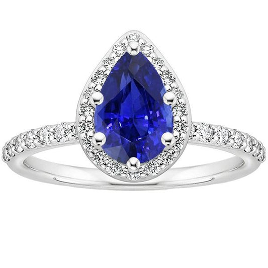 Anello Halo Oro bianco 14K Pera Zaffiro Ceylon e Diamanti 3.75 Carati - harrychadent.it