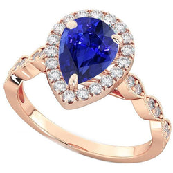 Anello Halo con Zaffiro dello Sri Lanka di Pera 5 Carati e Diamante Rotondo