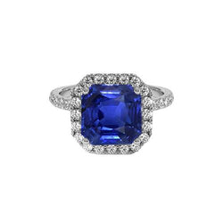 Anello Halo con diamante rotondo e zaffiro blu taglio Asscher 5.75 carati Nuovo