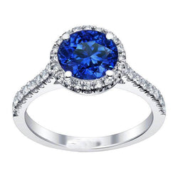 Anello Halo con diamante rotondo in zaffiro blu dello Sri Lanka da 2,20 carati in oro 14K