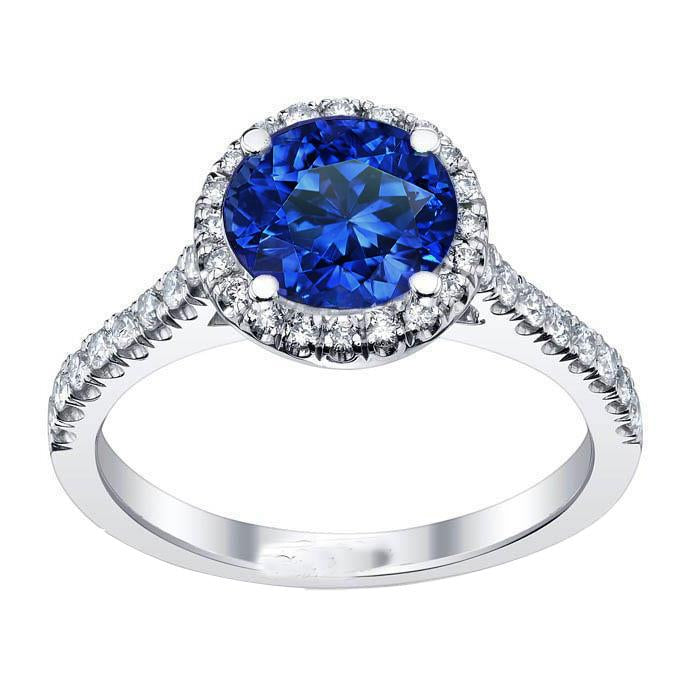 Anello rotondo con zaffiro blu dello Sri Lanka Halo Diamond 2.20 carati in oro 14K - harrychadent.it