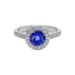 Anello Halo con diamante rotondo. zaffiro di Ceylon. 4 carati. accenti in oro bianco