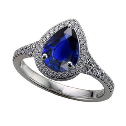Anello Halo con diamante taglio a pera con zaffiro blu stile antico 3.50 carati