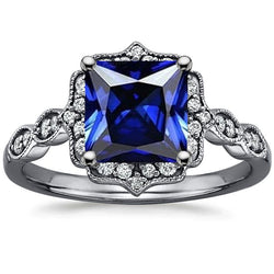 Anello Halo con diamante zaffiro blu taglio principessa stile vintage 6 carati