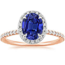 Anello Halo con gemma ovale con zaffiro SriLanka 5 carati in oro bicolore 14K