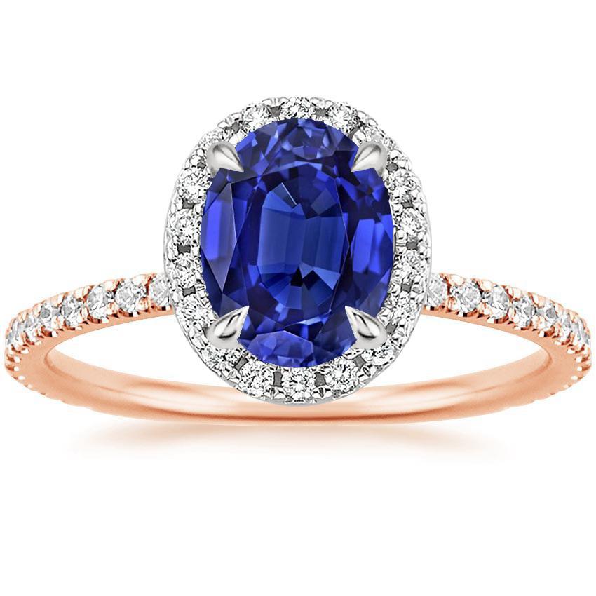 Anello Halo con gemma ovale con zaffiro SriLanka 5 carati in oro bicolore 14K - harrychadent.it