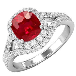 Anello Halo con rubini e diamanti da 4,35 ct, oro bianco con gambo diviso 14K
