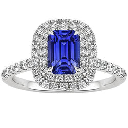 Anello Halo con smeraldo blu zaffiro 5 carati e diamante in oro bianco 14 carati
