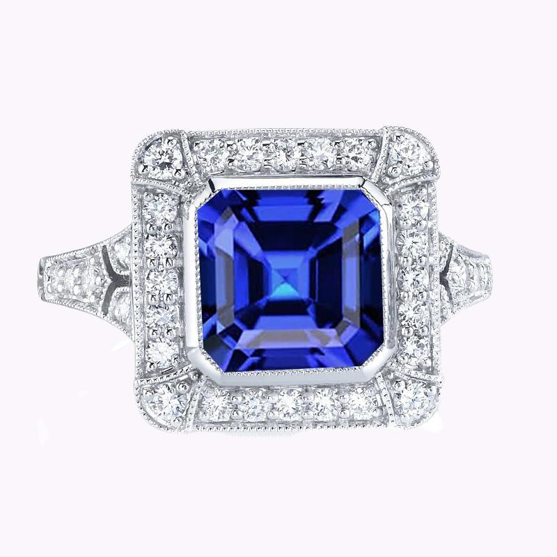 Halo Diamond Sapphire Ring Asscher Bezel Set Milgrain Shank 4 Carati - harrychadent.it