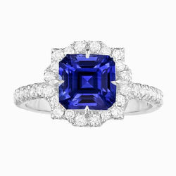 Anello Halo con zaffiro blu Ceylon da 3,50 carati e trilioni di diamanti Gemstone