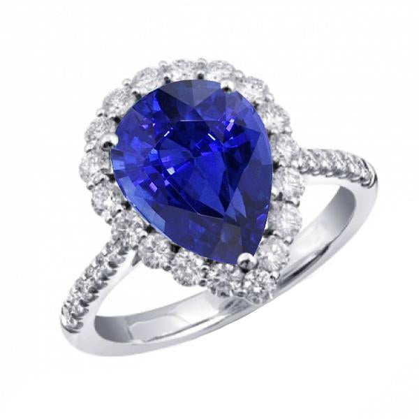 Anello Halo con zaffiro blu a forma di pera e diamante rotondo 5 carati - harrychadent.it