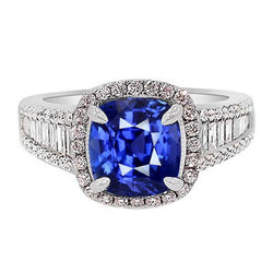 Anello Halo con zaffiro blu con baguette e diamanti rotondi 4.5 carati