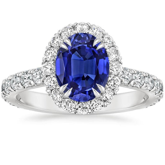 Halo Diamond Ring Oval Deep Blue Sapphire Claw Prong Set 6.50 carati - harrychadent.it