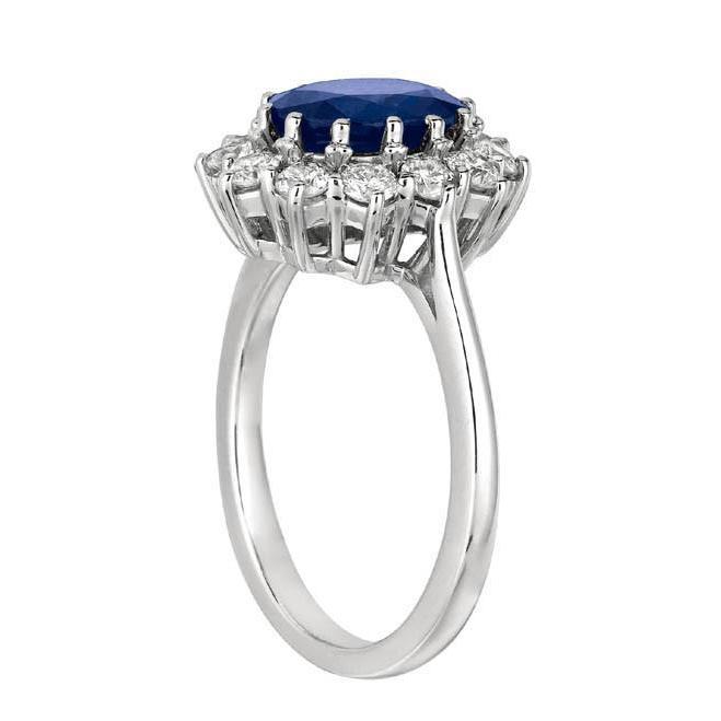 Anello Halo con zaffiro blu ovale e diamanti rotondi 6.50 ct. Oro bianco 14K - harrychadent.it