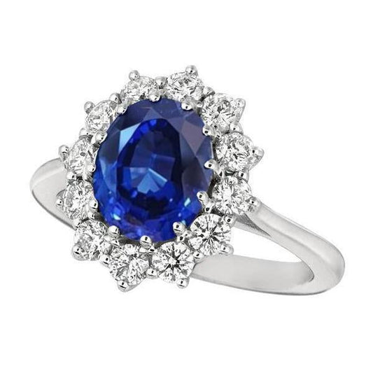 Anello Halo con zaffiro blu ovale e diamanti rotondi 6.50 ct. Oro bianco 14K - harrychadent.it