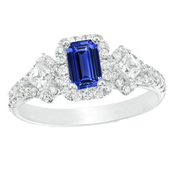 Anello Halo con zaffiro blu smeraldo Princess da 3,50 carati e diamanti tondi