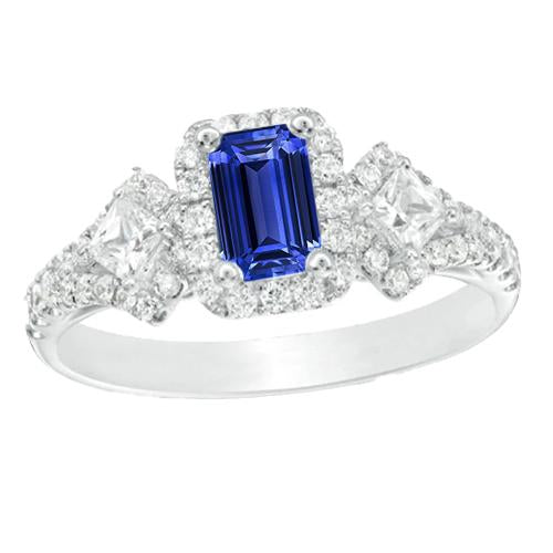 Anello con zaffiro blu smeraldo Halo Princess e diamanti rotondi 3.50 carati - harrychadent.it