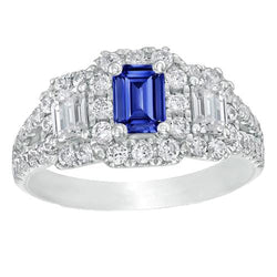 Anello Halo con zaffiro blu smeraldo taglio radiante e diamanti tondi 4 carati