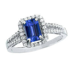 Anello Halo con zaffiro di Ceylon taglio smeraldo diamante con gambo diviso 4 carati