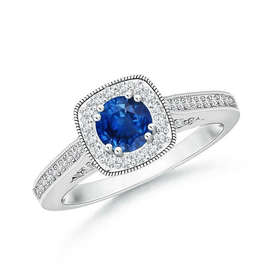 Anello Halo con zaffiro rotondo da 3.25 carati e diamanti in oro bianco 14K - harrychadent.it