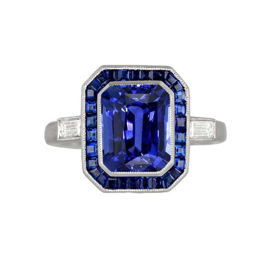 Anello donna Halo Gemstone Blue Sapphires 3.50 Carati Diamanti Baguette - harrychadent.it