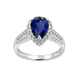 Anello Halo da donna con zaffiro Ceylon a gambo diviso e diamanti 3 carati in oro bianco 14K