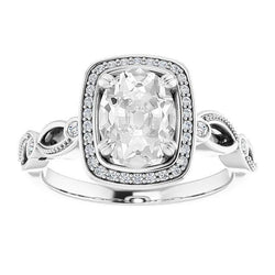 Anello Halo da donna, ovale, taglio antico e diamanti neri, oro 6,75 carati
