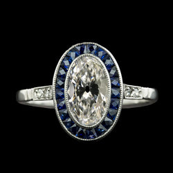 Anello Halo da donna, ovale, vecchio minatore, diamante e zaffiri blu 6.75 carati