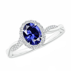 Anello Halo diamante 4.25 carati ovale blu zaffiro scintillante oro bianco