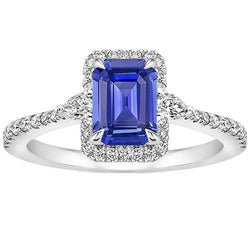 Anello Halo in oro bianco 14K con zaffiro blu smeraldo e diamante 4.25 carati