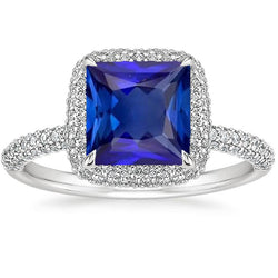 Anello Halo in oro bianco 6.50 carati con zaffiro blu principessa con accenti