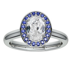Anello Halo in oro con diamante ovale a taglio antico con zaffiri rotondi 5,75 carati