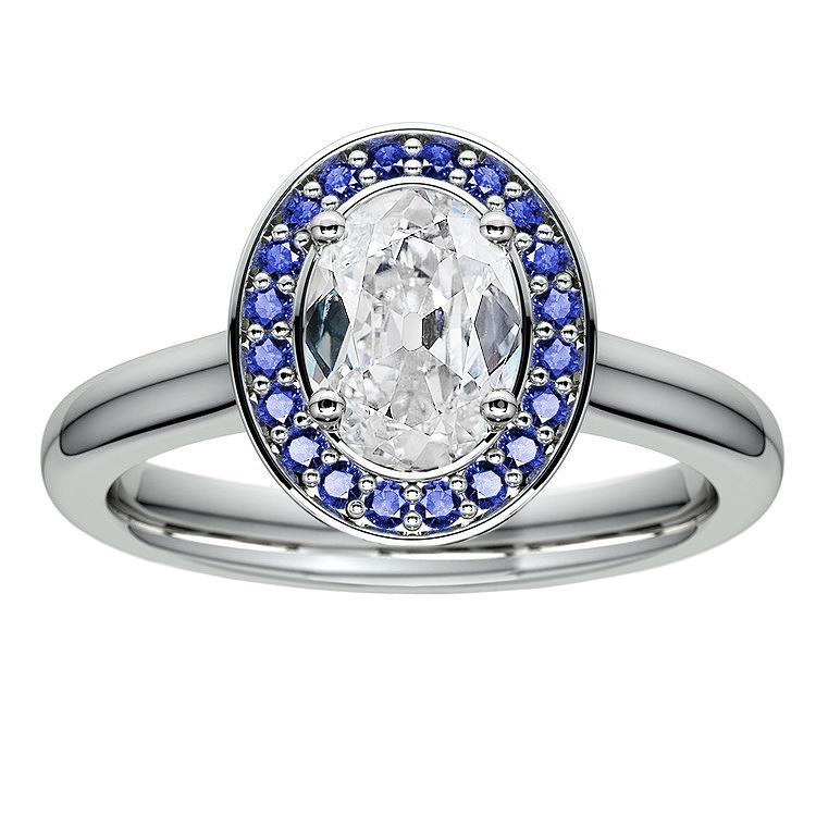 Anello Halo in oro con diamante ovale a taglio antico con zaffiri rotondi 5,75 carati - harrychadent.it