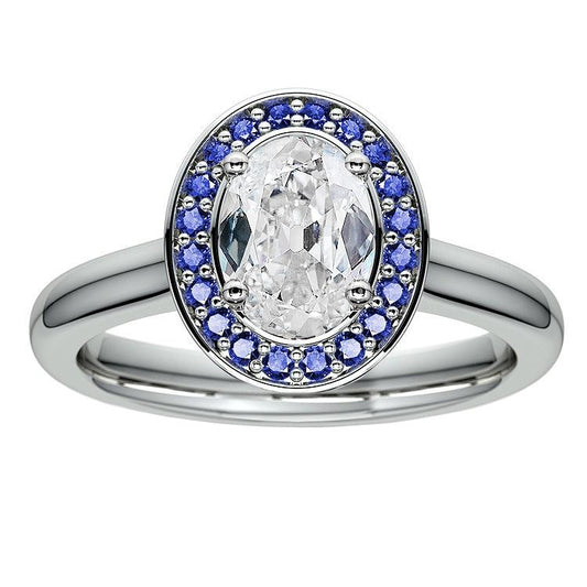 Anello Halo in oro con diamante ovale a taglio antico con zaffiri rotondi 5,75 carati - harrychadent.it
