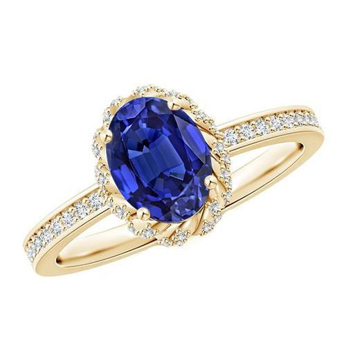 Anello Halo in oro giallo con diamante Zaffiro Ceylon taglio ovale Nuovo 5.50 carati - harrychadent.it